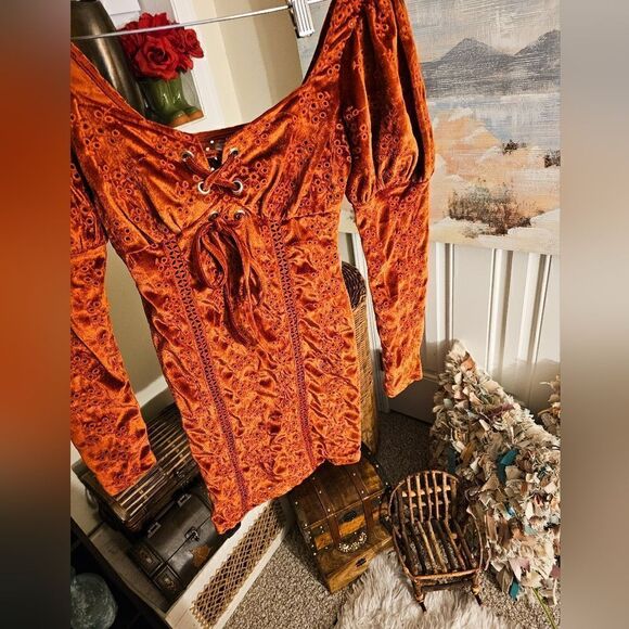 Asos Burnt Orange Velour Embroidered See Through Detail Trim Peasant Style Long - Picture 1 of 13